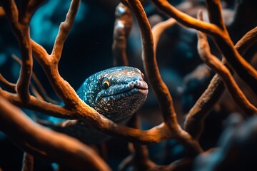 Obraz premium Close-up of a speckled blue eel peering from behind orange coral branches in an aquarium.