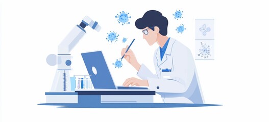 Scientist researching viruses on laptop, using microscope.