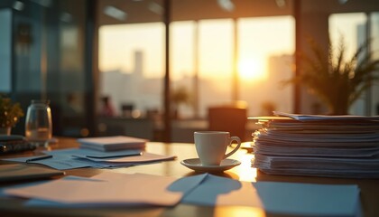 After work office desk in late afternoon. Workplace with papers, coffee cup. Evening sunlight, nobody. Empty desk after busy day. Workplace concept, business background, office supply, table, window,