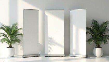 Advertising promo empty information booth stand or roll up board. Realistic visual illustration set of blank portable vertical pullup info banner mockup for ad, product presentation. Palms in pots.