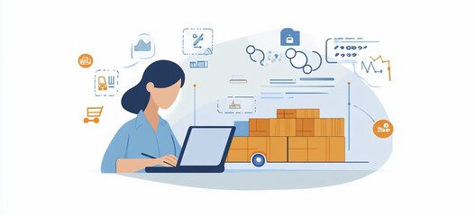 Woman using laptop manages inventory and logistics, data analytics and supply chain.
