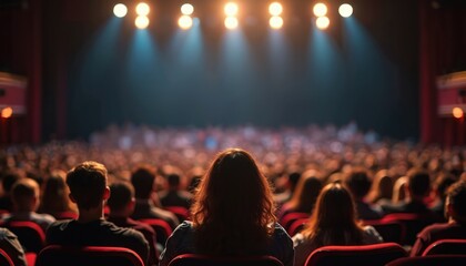 Theatre audience sits in anticipation, facing bright stage. Captures essence live entertainment, community gathering, cultural experiences. Spectators watch show, concert. Stage illuminated