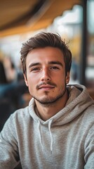 Fototapeta premium A Handsome Young Man Wearing A Gray Hoodie Smiles