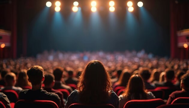 Theatre audience sits in anticipation, facing bright stage. Captures essence live entertainment, community gathering, cultural experiences. Spectators watch show, concert. Stage illuminated