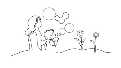 Mother Child OneLine Art Bubbles, Flowers, Spring Day
