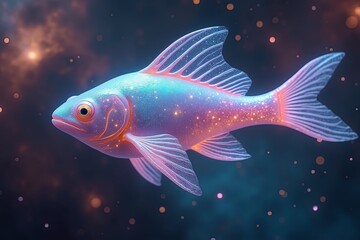 A digital art image of a stylized fish swimming in a dark, nebulous space with scattered light points. 