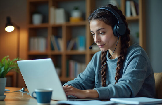 Young woman attends online class on laptop at home wearing headset. Digital study materials, books nearby. Concept of convenience, accessibility of e-learning, modern education technologies, distance