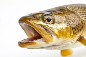 Close-up of a trout's head with open mouth, showing detailed textures and colors against a white background.
