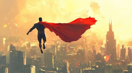 A superhero flying through the sky, with a city skyline below and a cape fluttering behind them.