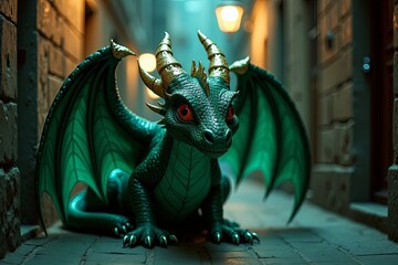 A digital art image of a small, green dragon with golden horns and red eyes, sitting on a cobblestone street in a narrow alleyway. 