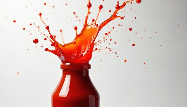 Tomato ketchup splash with drops on white background. Red sauce bottle with vibrant liquid explosion, splatter food ingredient for culinary projects, recipe books fast food promo. Dynamic delicious