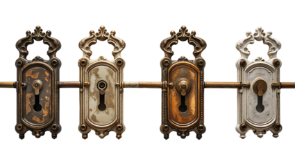 Antique ornate door bolt mechanisms in varied finishes connected by brass rod, vintage hardware with floral and geometric detailing isolated on transparent background