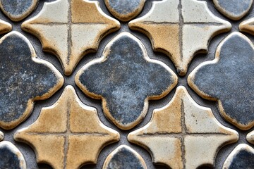 Detailed overhead view of a patterned tile flooring surface