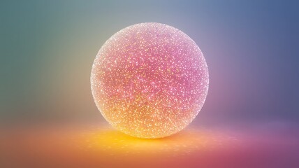 Glowing Sphere: An abstract representation of a glowing sphere, radiating light with a textured surface, placed on a surface and surrounded by a gradient color background. 