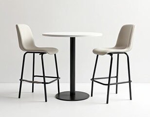Modern interior design featuring high table with two chairs. White top contrasts with black legs. Ideal for cafes, bistro promotion, corporate meeting, presentations, furniture product demo,