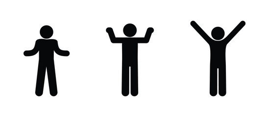 set of icons stickman raising hands, stick figure human silhouette, isolated people on transparent background