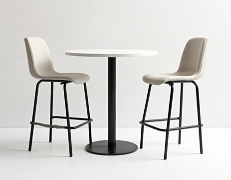 Modern interior design featuring high table with two chairs. White top contrasts with black legs. Ideal for cafes, bistro promotion, corporate meeting, presentations, furniture product demo,