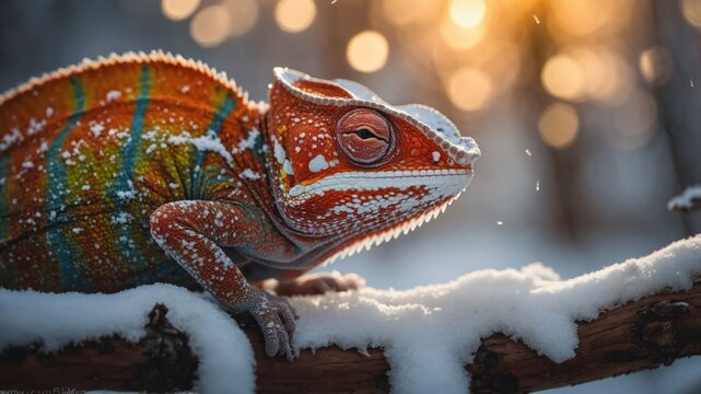 A colorful lizard resting on a snowy branch in a serene winter landscape. - Powered by Adobe