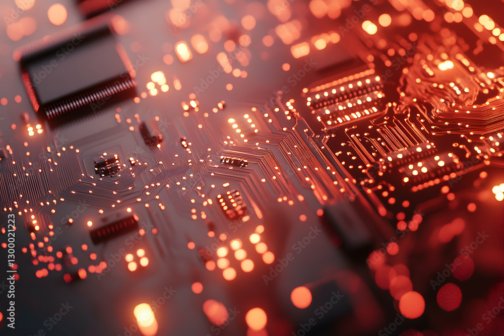 Poster close-up of illuminated circuit board, showcasing intricate pathways and glowing components. perfect