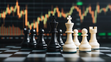A chessboard features black and white pieces against a backdrop of stock market graphics, symbolizing strategy and finance.