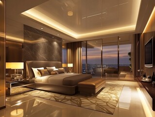 Luxurious modern bedroom with city view, featuring a large bed, nightstands, and floor-to-ceiling windows.