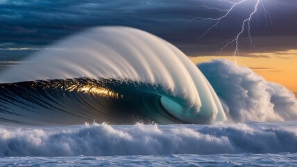 Giant Wave at Sunset: A colossal ocean wave crests dramatically under a stormy sky, its turquoise heart contrasting with the golden hues of sunset and the crack of lightning.