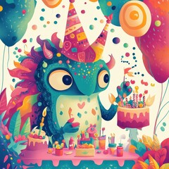A whimsical monster celebrates a festive birthday surrounded by treats and decorations