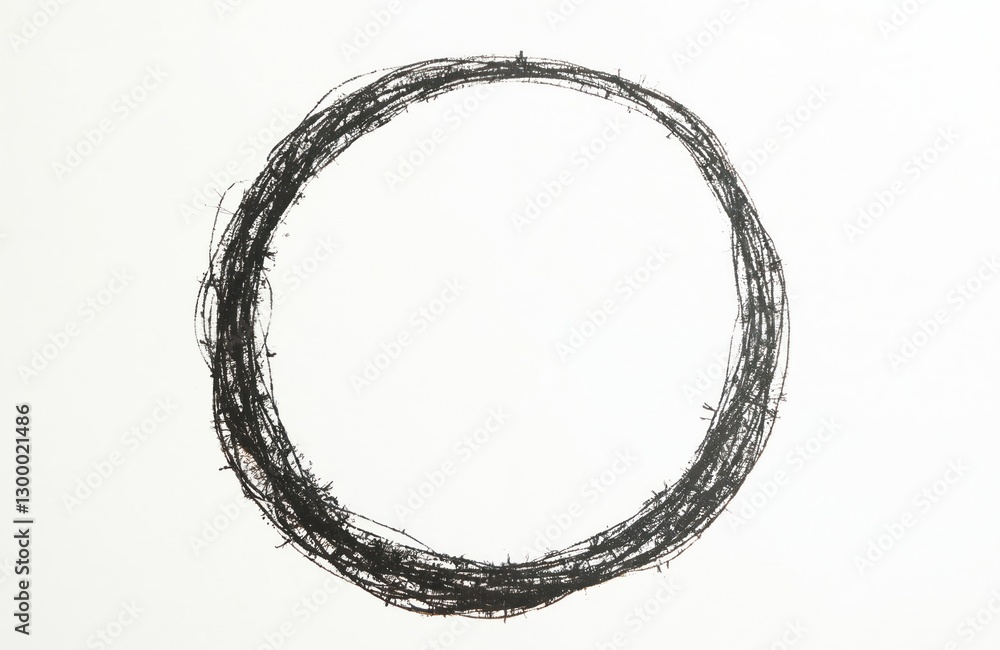 Poster round doodle drawn with black crayon on white paper, cut out design element. rough art stroke shape.