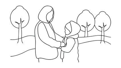 Line drawing of an adult assisting a child into a hooded jacket outdoors. Simple landscape with trees. Focus on warmth and care in winter.