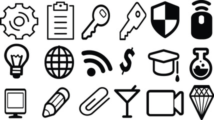A set of black and white icons for web design, including a key in the middle, a gear on the left side, a paper clip in the bottom right corner, a globe in the upper right-hand side.