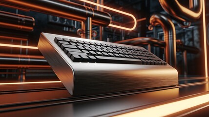 Industrial Keyboard: A sleek, metallic keyboard sits on a glowing industrial platform with pipes and machinery in the background, combining technology with an industrial aesthetic.