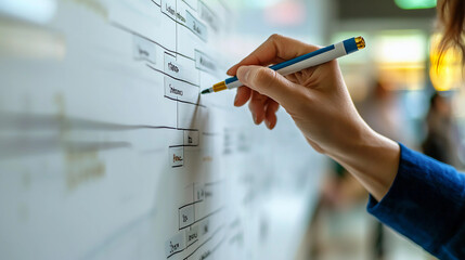 A person is writing on a whiteboard, possibly outlining plans or ideas with a pen in a collaborative environment.