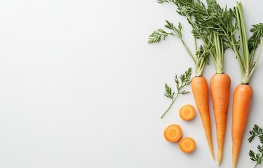 Fresh organic carrots with green tops on white background.