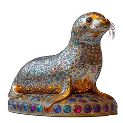 Shiny Gold Sculpture of a Seal Adorned with Colorful Gems in Intricate Detail and Refined Craftsmanship
