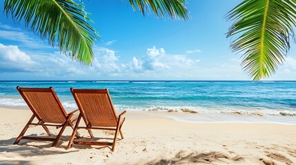 Two Wooden Beach Chairs on Sandy Shore with Turquoise Ocean and Palm Trees