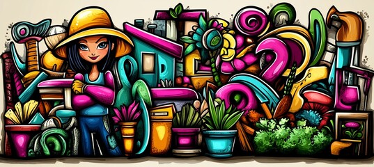 Obraz premium Cartoon illustration of a gardener amidst vibrant gardening tools, plants, and houses.