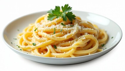 Delicious fettuccine alfredo served on white plate, isolated. Italian pasta dish with creamy parmesan sauce, topped with fresh parsley. Close-up of tasty homemade gourmet meal. Healthy lunch dinner.