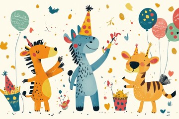 Adorable cartoon animals celebrating a happy birthday party with decorations