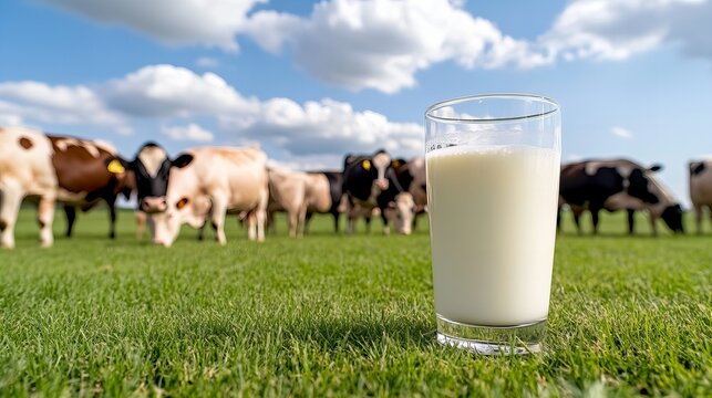 Fresh glass of milk on green field with grazing cows in sunny pasture