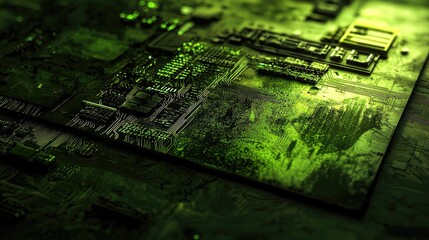 Fototapeta premium Green circuit board closeup, technology background, digital components, electronics, tech industry