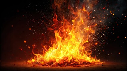 Intense flame burning brightly on a dark black background with sparks flying everywhere, illuminated by fiery orange and red hues , hot fire, black background