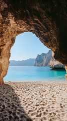 Fototapeta premium Coastal Cave View of Sandy Beach and Blue Ocean