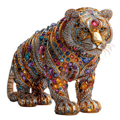 Fototapeta premium Shiny Gold Sculpture of a Colorful Tiger Adorned with Jewels and Gems Captivating the Eye