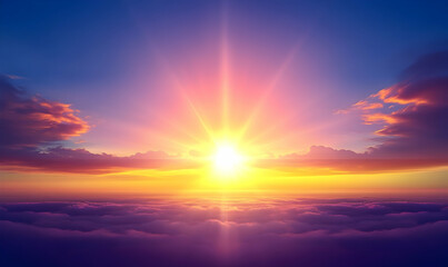 Obraz premium Vibrant sunrise above a sea of clouds, showcasing a breathtaking spectacle of color and light. Perfect for backgrounds or inspirational projects.