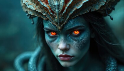 Portrait of fantasy siren daemon with crown, serpentine eyes, snake body. Reptilian female face with scales texture. Gothic, horror style. Alluring, captivating, haunting, mesmerizing, aethereal