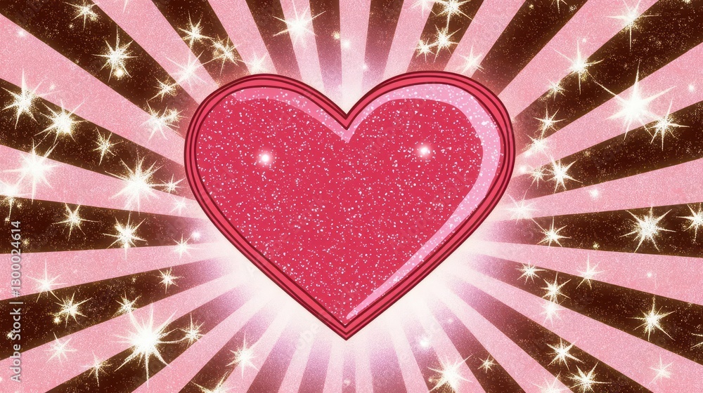 Poster pink glitter heart with sparkling rays burst background