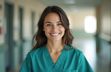 Fototapeta premium Close-up portrait of young smiling nurse in green scrubs at hospital. Friendly professional woman medical staff. Health care worker, medicine employee in clinic or modern ward.