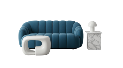 modern living room design cutout of  blue cozy sofa and table lamp. isolated with clipping path .