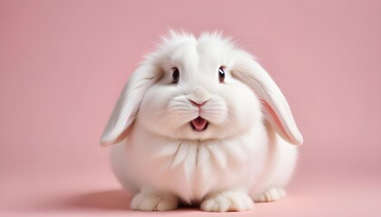 A charming portrait of a fluffy white rabbit with a surprised expression, set against a soft pink background. perfect for easter