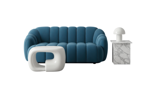 modern living room design cutout of  blue cozy sofa and table lamp. isolated with clipping path .